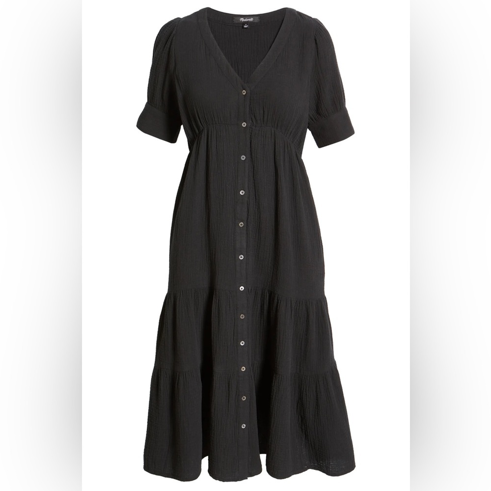 Madewell Lightspun Tiered Button Front Midi Dress - Black - Size 6